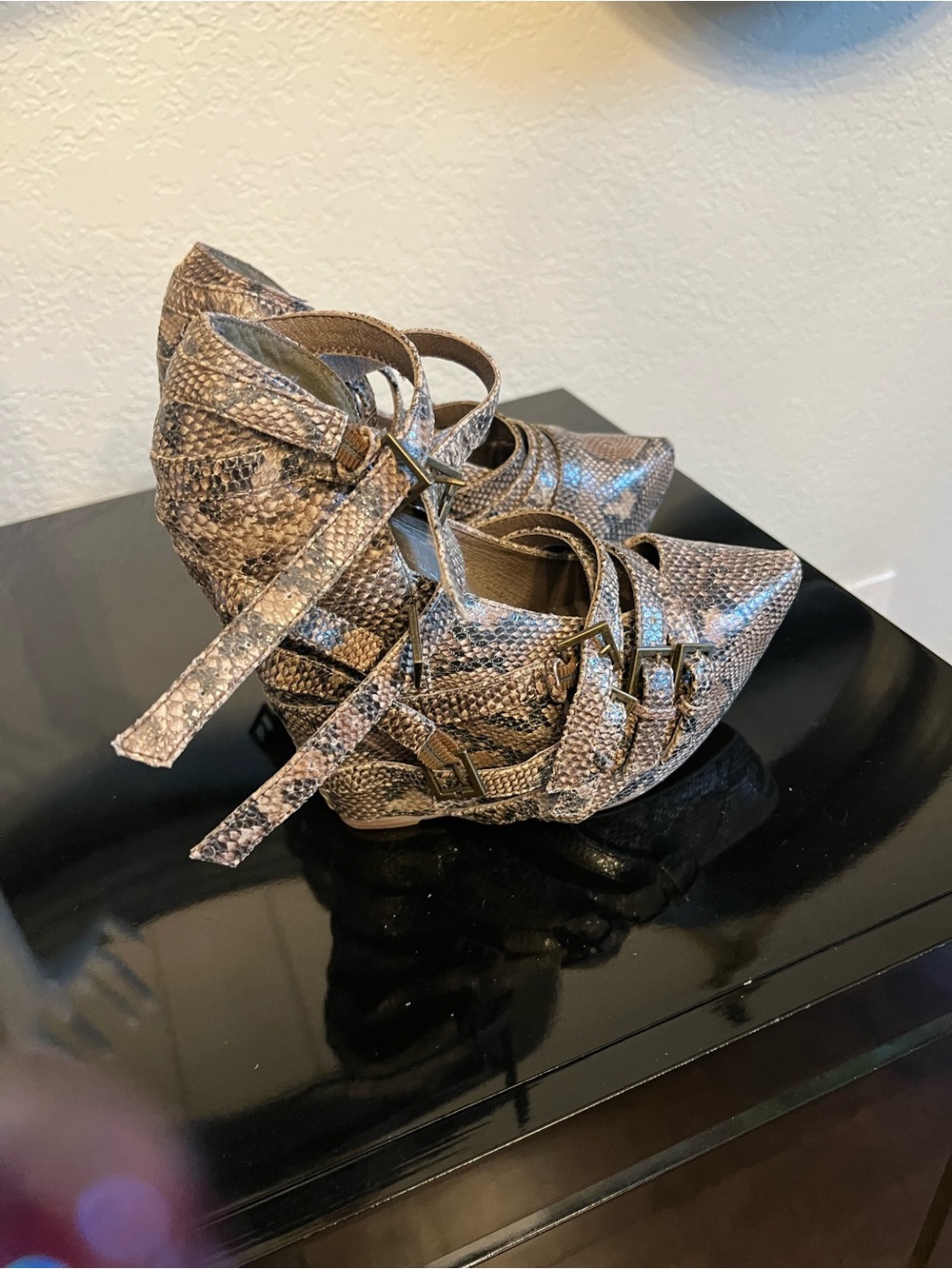 Jeffrey Campbell Snake-Print Pointed Wedge Heels in Taupe/Brown